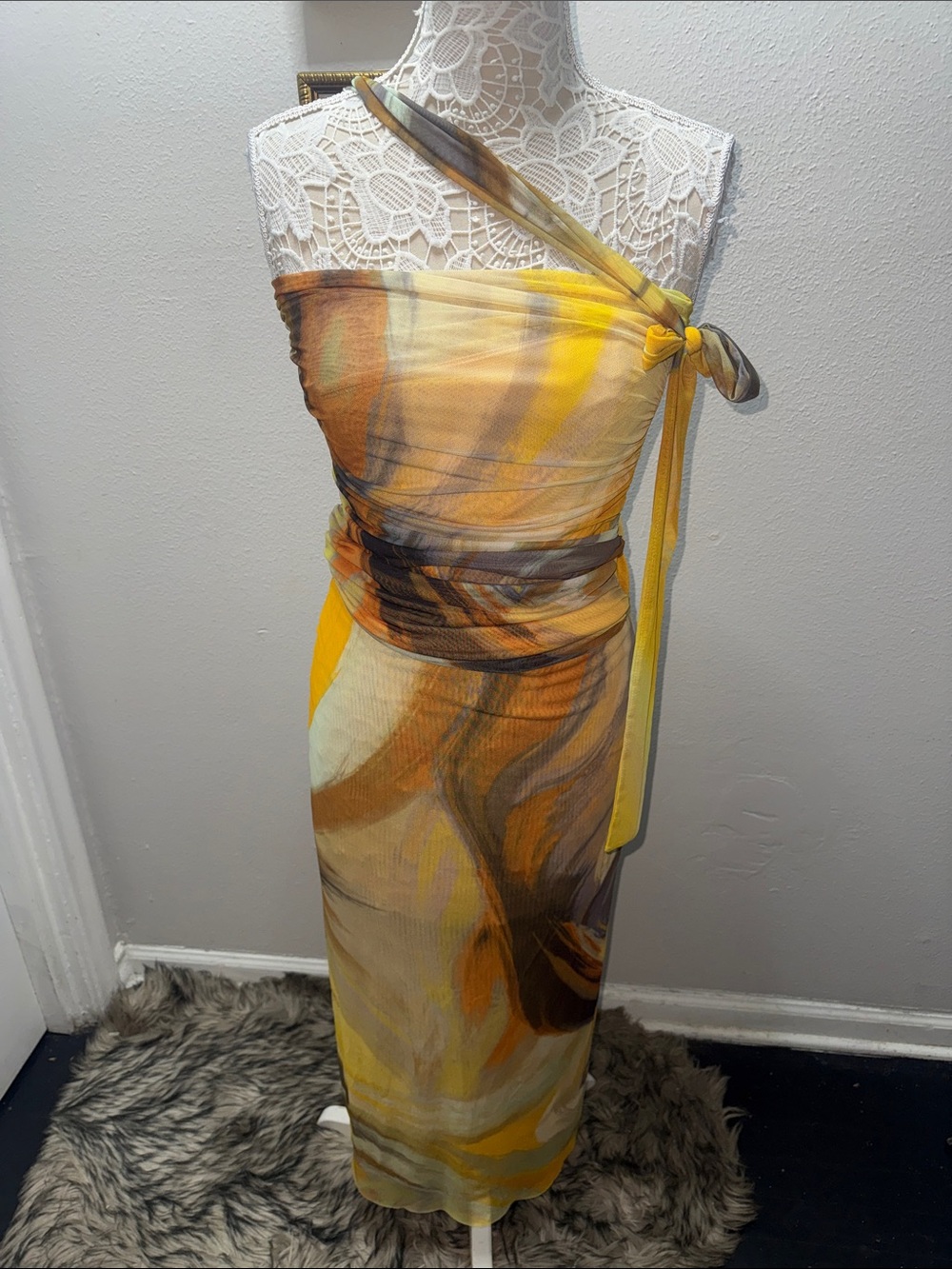 Zara Yellow, Brown and Gray Marble One-Shoulder Sarong Dress